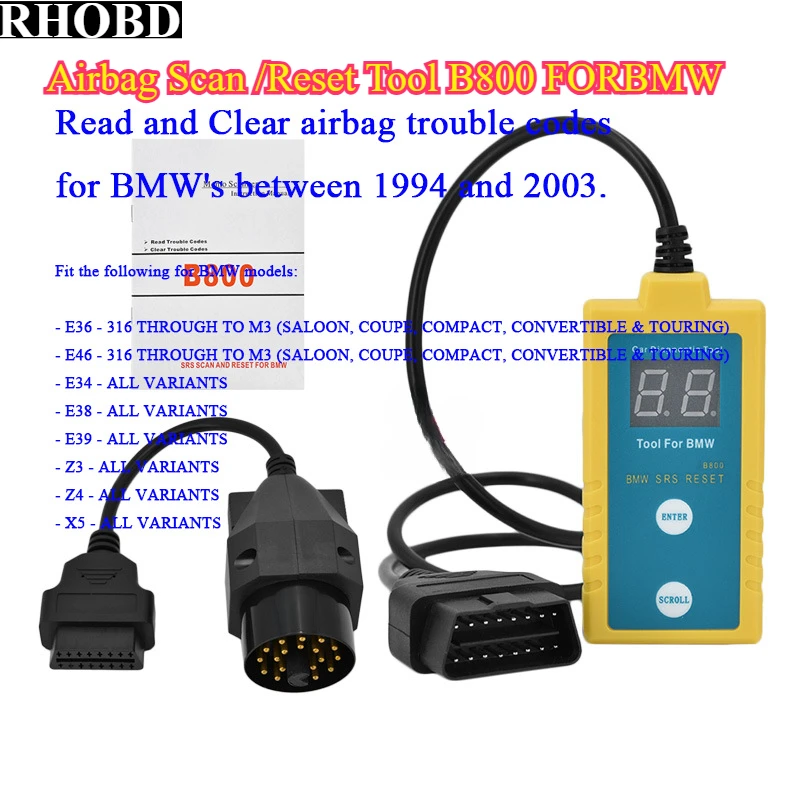 

НОВЫЙ лучший 20-контактный сканер сброса подушек безопасности SRS OBD2 диагностический инструмент сканер и инструмент сброса для BMW E36 E46 E34 E38 E39 Z3 Z4 X5 B800 96-03