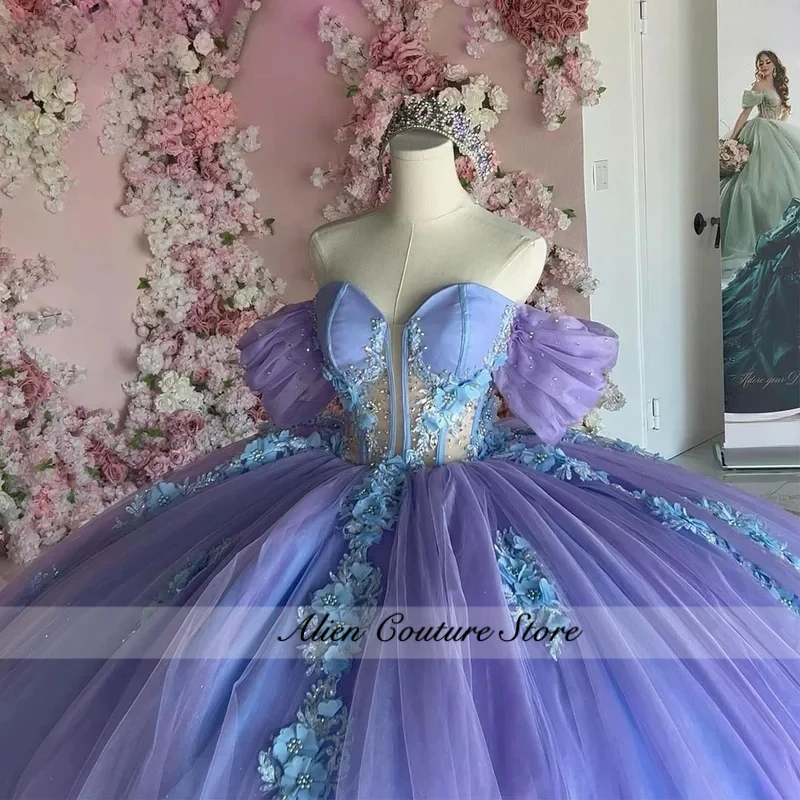 Luxury Purple Tulle Quinceanera Dress 2025 Ball Gown Bow Beaded Applique Birthday Dress Vestidos De 15 Años Customized
