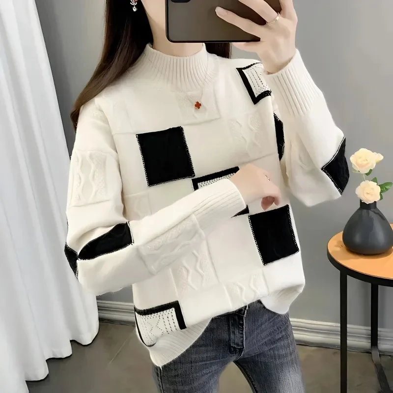 Female Chessboard Grid Sweater Women Pullover Long Sleeved Knitting Autumn Winter Ladies Half High Collar Long Sleeved Knitwear