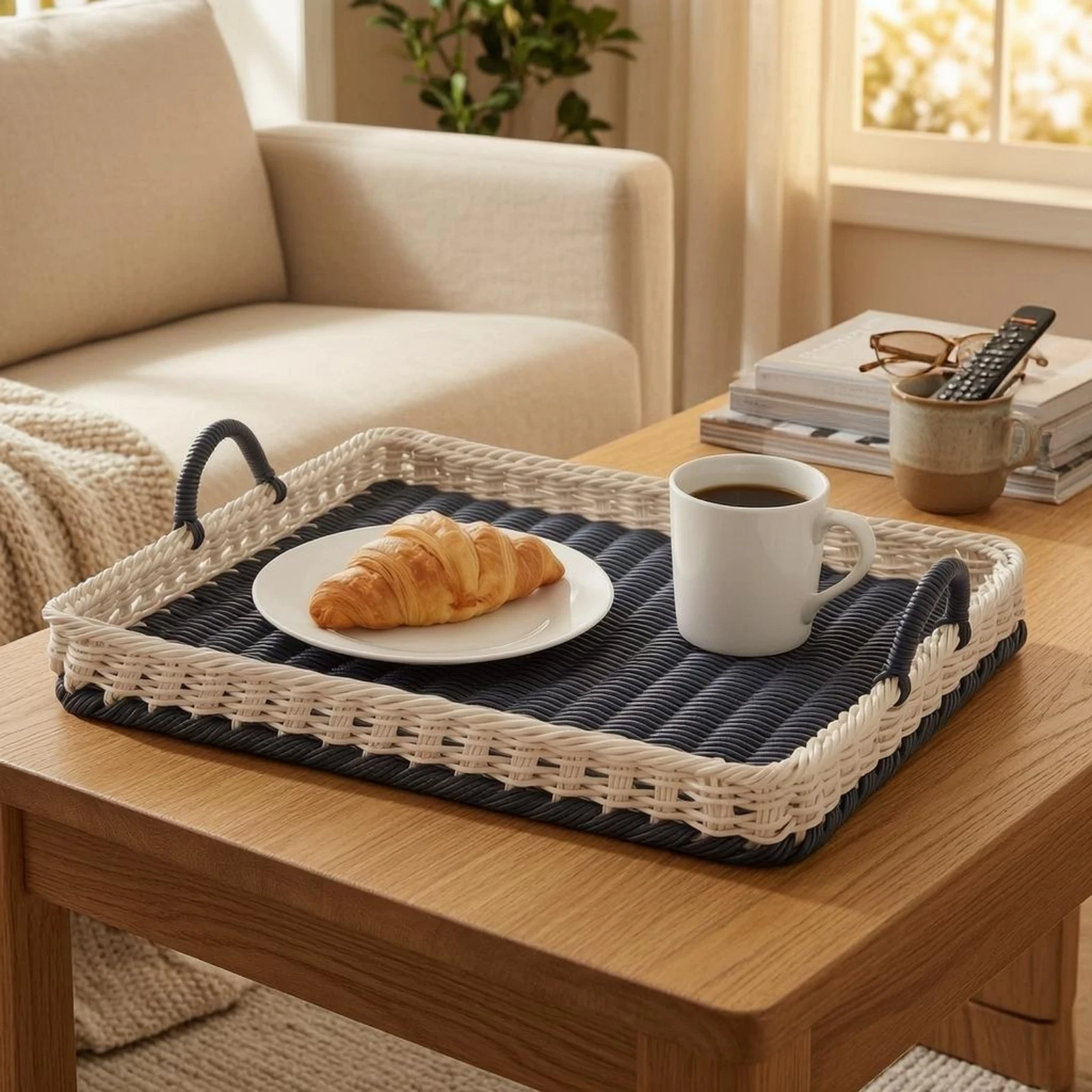 Braided Rattan Home Storage Tray Handcrafted Rectangular Open Top Basket for Kitchen and Living Areas