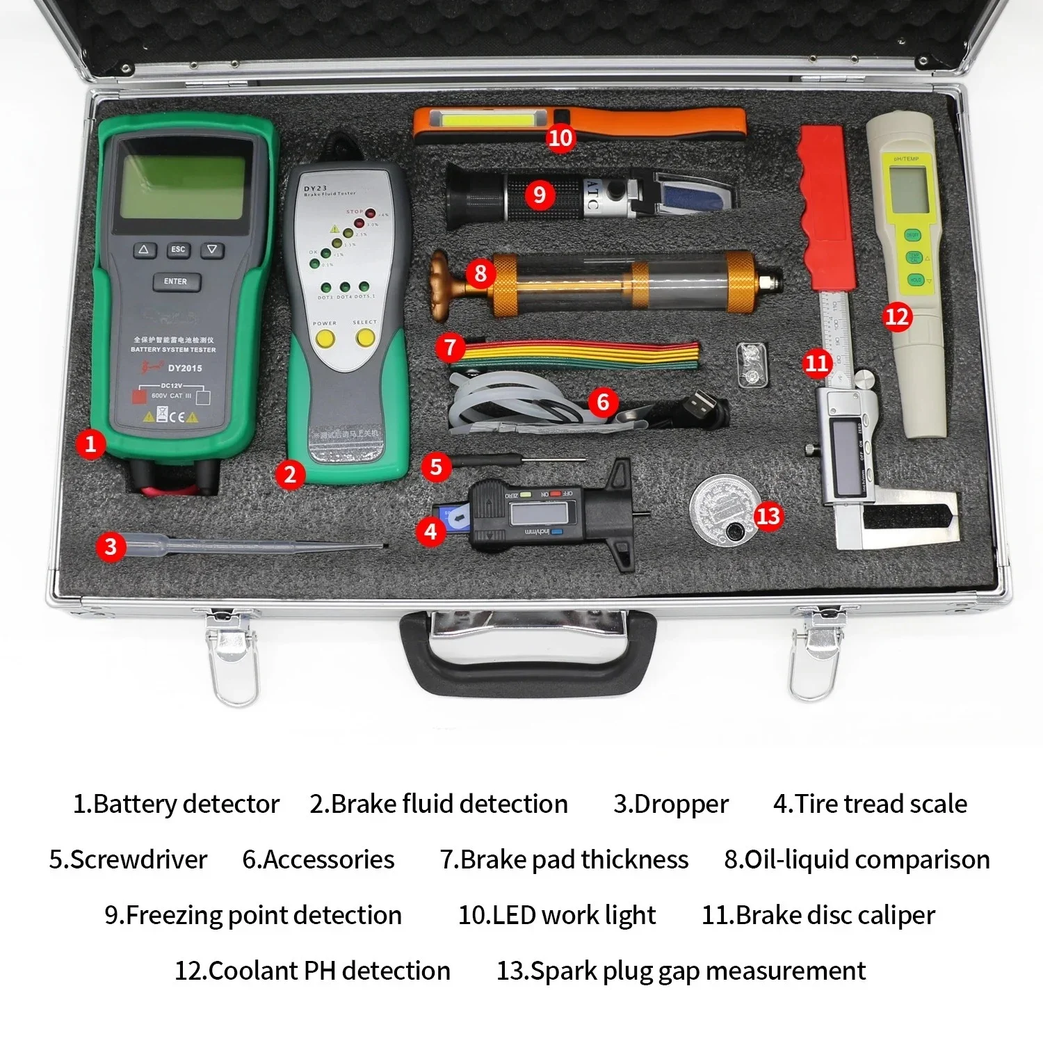 Automotive Battery Brake System Coolant Detection Kit, LED Work Lamp, Spark Plug Gap Measurement Tool, Aluminum Alloy case