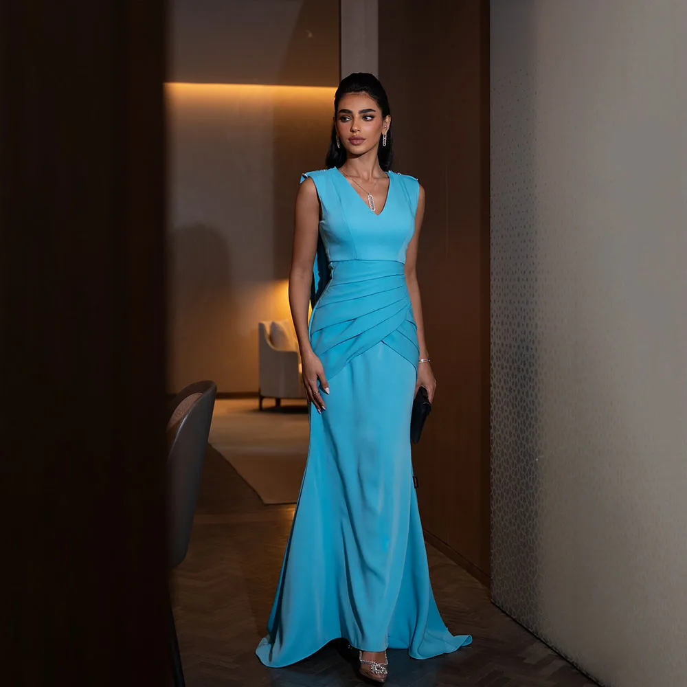 エレガントなブルーのイブニングドレス V ネック ノースリーブ マーメイド プロムドレス プリーツ ロング アラビア語 結婚式 ゲスト パーティー ガラ ガウン カスタマイズ