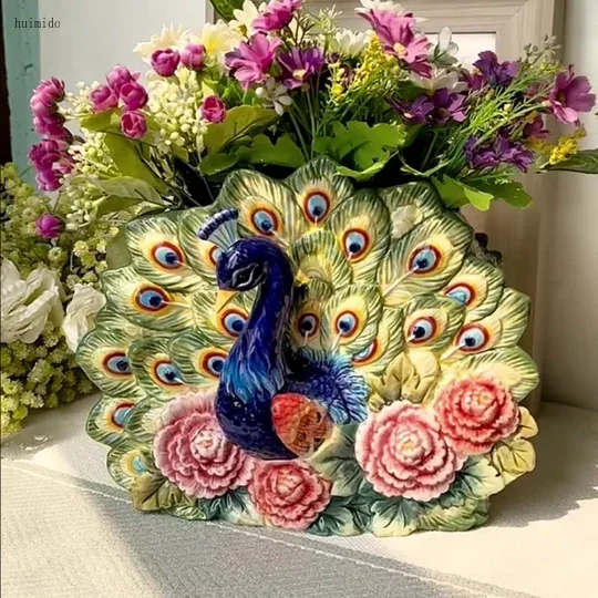 Ceramic vase King of Birds Peacock open screen vase can hold water, flower simulation vase, living room decoration