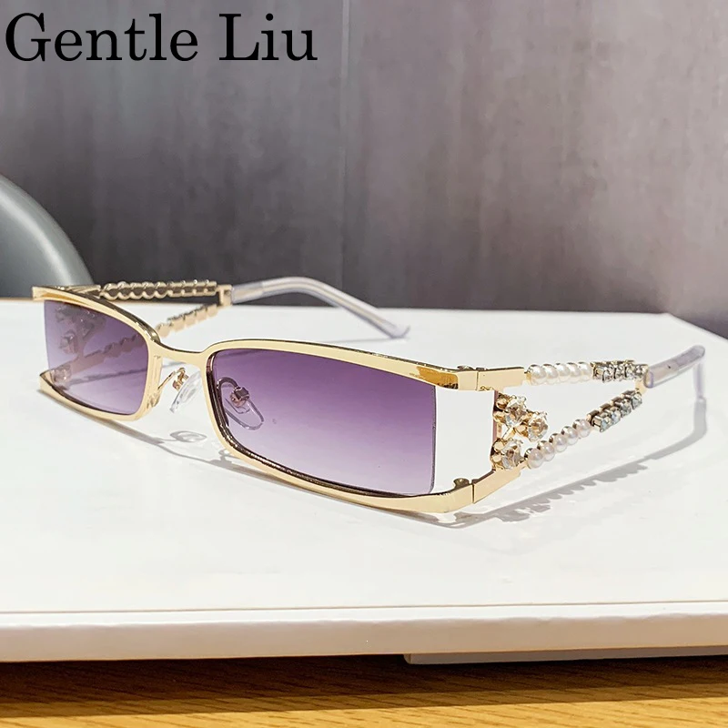 Y2K Punk Rectangle Rhinestone Sunglasses Women 2026 Luxury Brand Vintage Small Metal Frame Sun Glasses Outdoor UV400 Eyewear