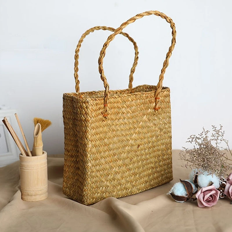 Basket Straw Tote Bags for Women Rattan Handmade Beach Hand Bags Ladies Bamboo Woven Holiday Shoulder Bag