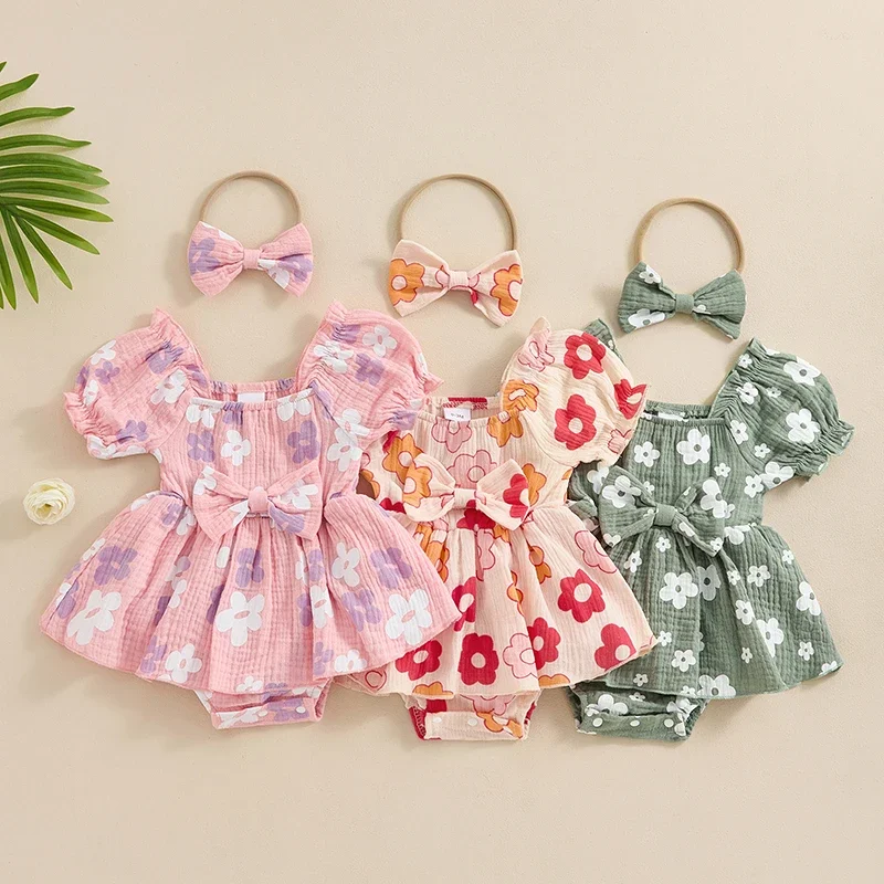 

Newborn Baby Girls Rompers Dress Flower Print Bowknot Short Sleeve Skirt Hem Infant Jumpsuits Summer Kids Clothes with Headband