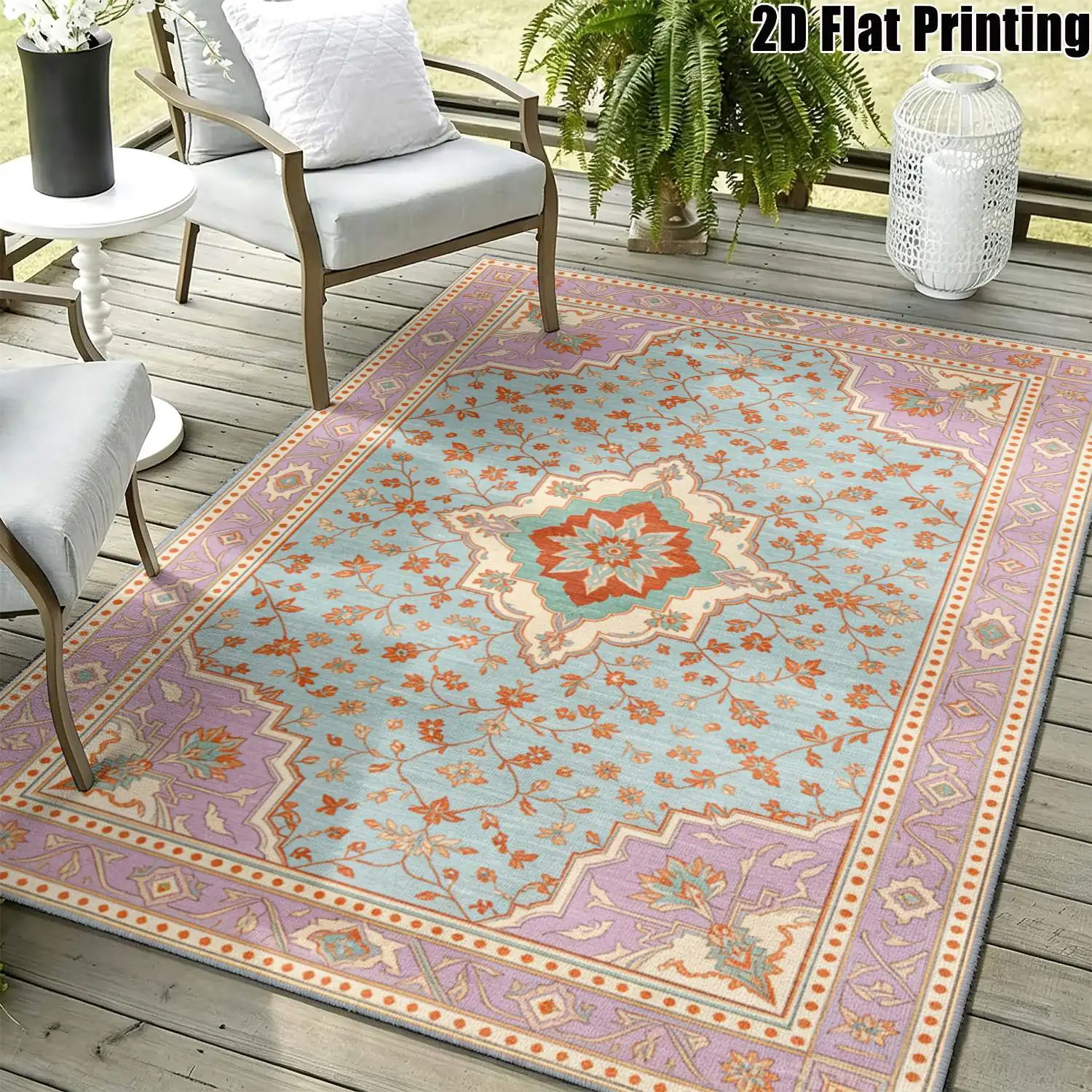 1Pc 2D Printed Carpet: Light Blue & Beige Retro Scrolling Flower, European Vintage Rug for Home Decor, Multi-Size, Machine Washable, Works as Entrance/Dining/Foyer/Bedroom/Study/Living Room Mat