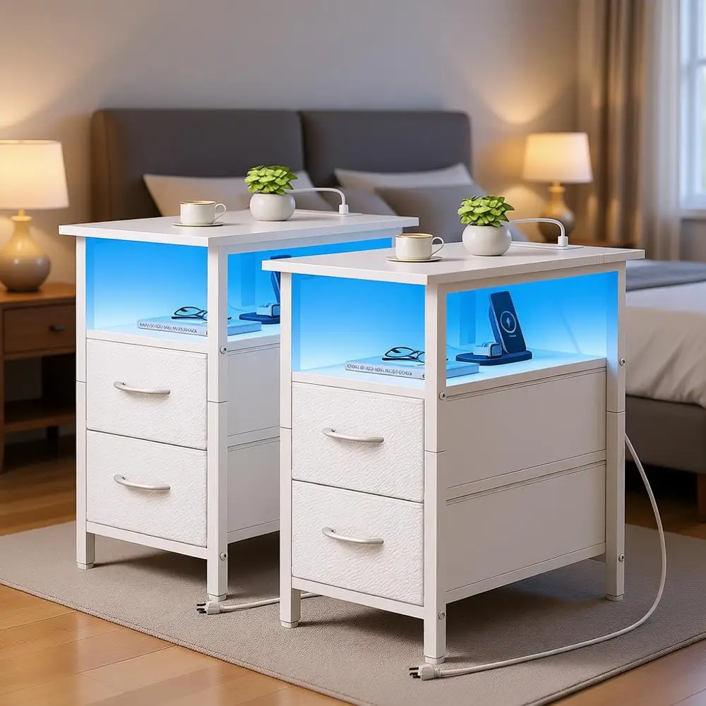 

White Nightstand with Charging Station, LED Lights, Fabric Drawers, and Narrow Side Table for Bedroom