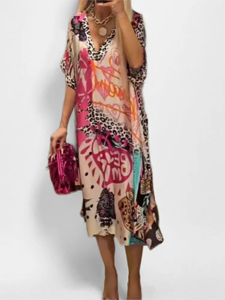 Fashion Boho Print Dress Lady Casual V Neck Short Sleeve Pullover Loose Dresses For Women Summer Holiday Vintage Womens Clothing