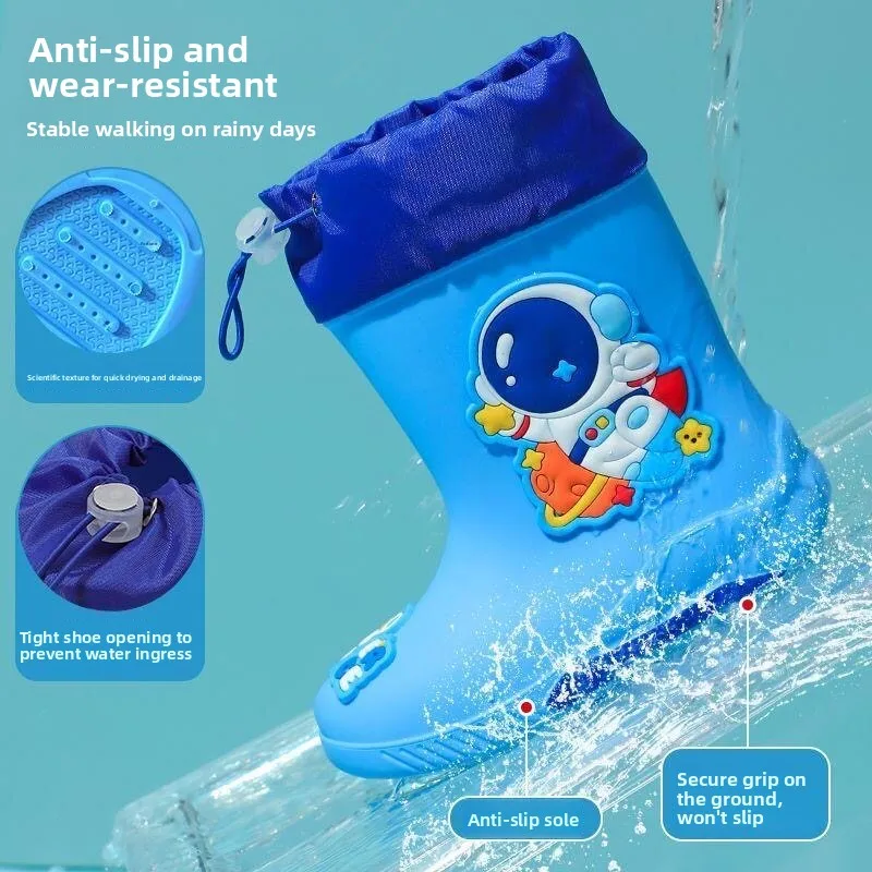 

Children's Rain Boots Waterproof Slip-On School Shoes Anti-Slip Design Wave Pattern Short Tube Height for Boys And Girls