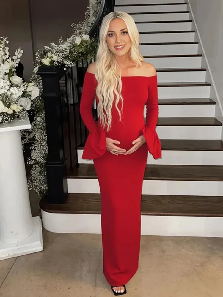 

Elegant Maternity Off Shoulder Bell Sleeve Maxi Dress Pregnancy Photoshoot Outfit Maternity Photography Gown for Pregnant Women