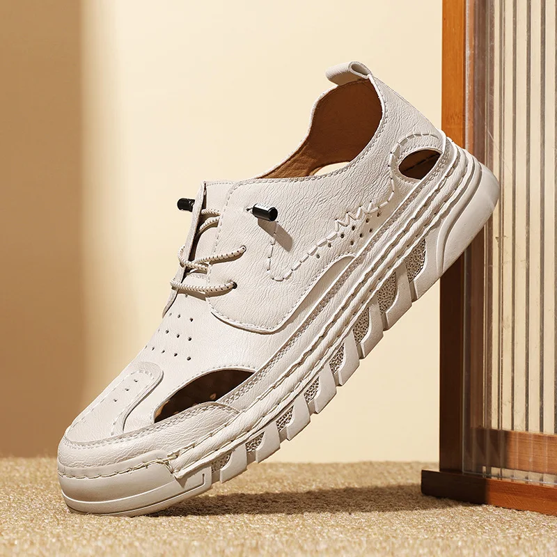 

Mens Sandals Hand Sewn Comfortable Soft Soled Summer New Hollow Out Casual Shoes Breathable Leather Daily Street Walking Sandals
