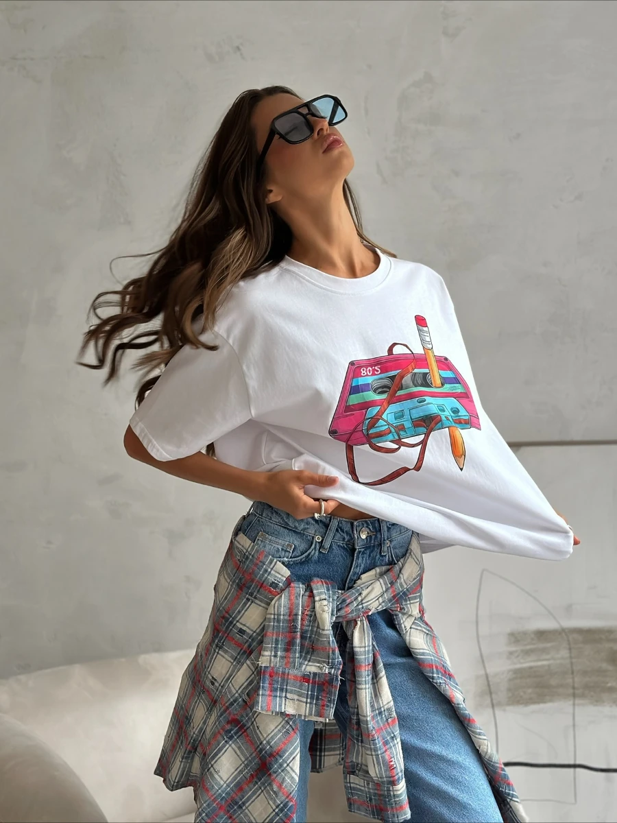 Sumuyoo 100% Cotton Women's Fashionable Printed T-shirt Casual Vintage Short-sleeve Printing T Shirts Fashion Hip Hop Loose Top image 5
