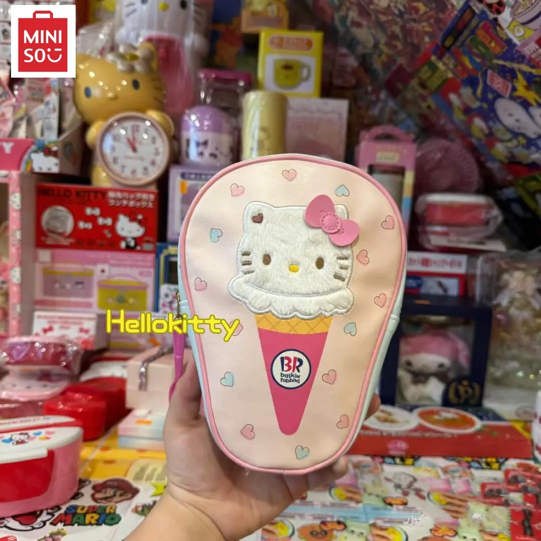 Miniso Sanrio Hello Kitty حافظة أقلام رصاص ، حقيبة أقلام بسعة كبيرة ، حقيبة أقلام رصاص لطيفة ، أدوات مكتبية كورية كاواي ، آيس كريم ، جديد