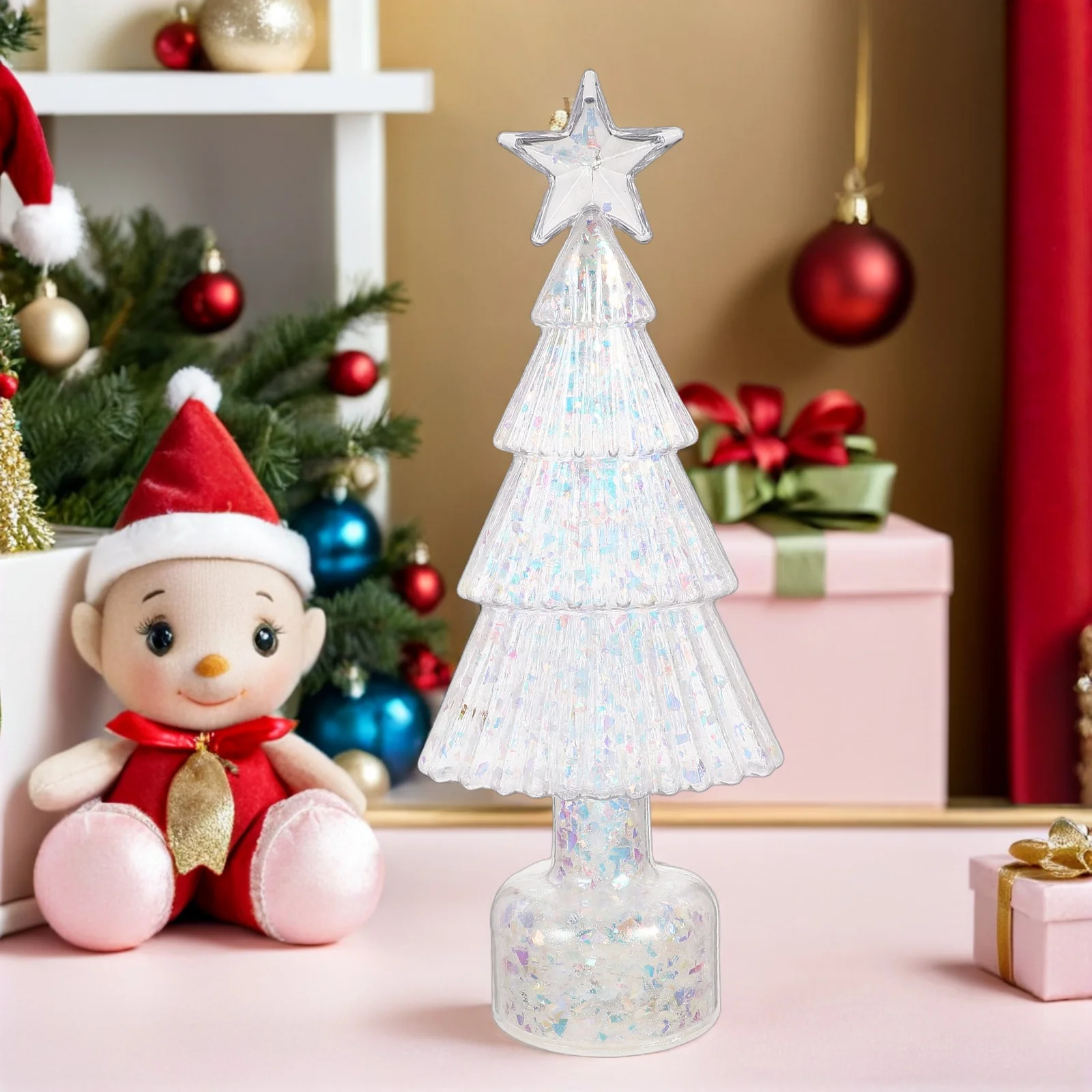 

Iridescent Christmas Tree Lamp Small Desktop Star Top LED Lights Night Light Tabletop Centerpiece Decoration Powered