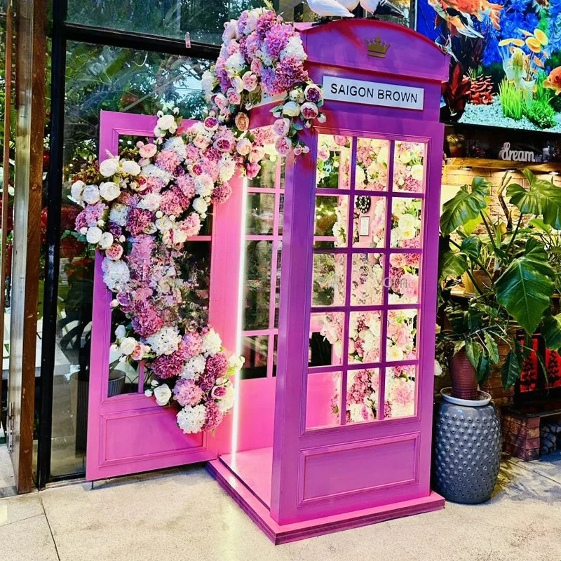 Event Decoration Light Emitting Diode Light Phone Box Outdoor Wedding Party Photo Props Pink Phone Booth