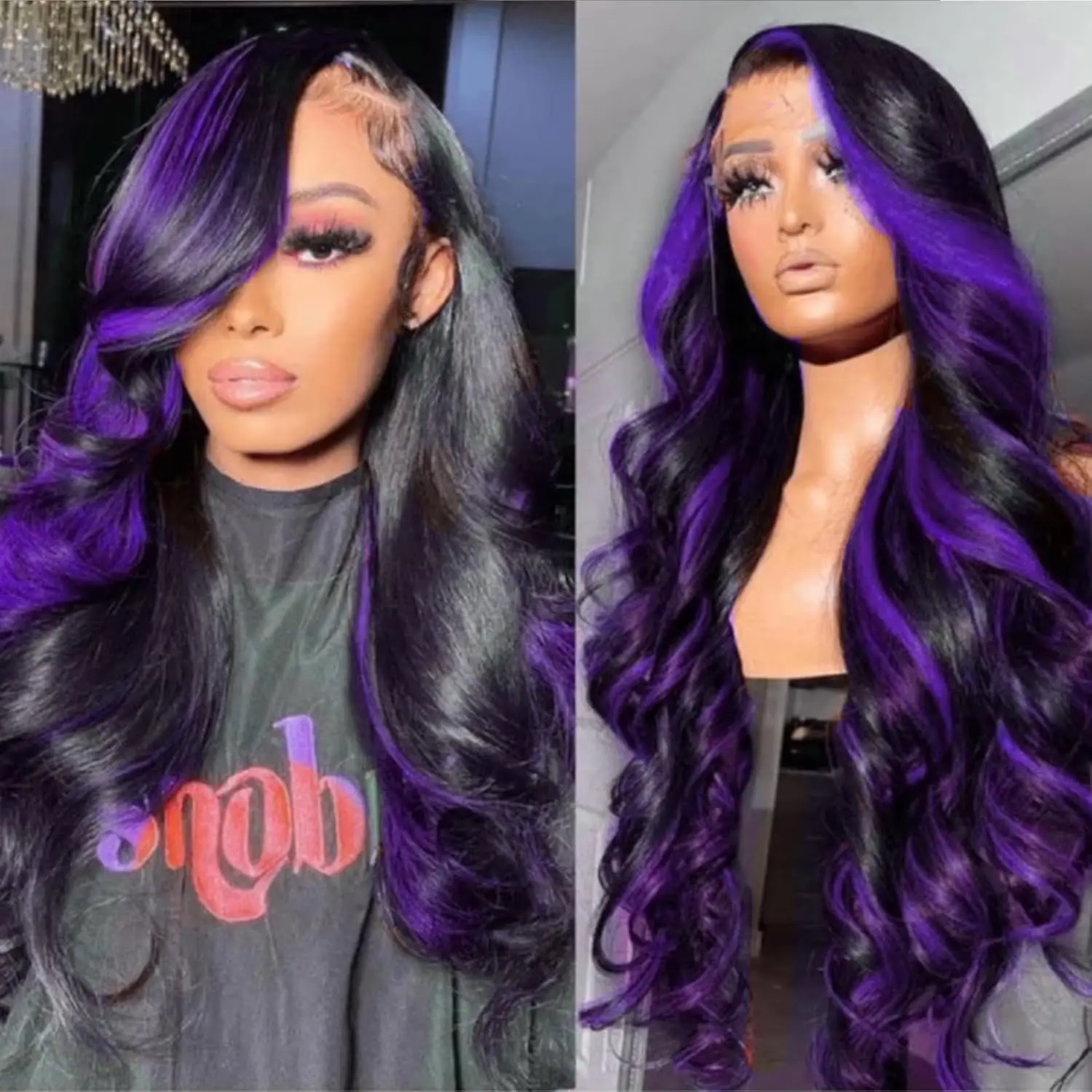 Ombre Purple Highlight Body Wave 13x6 HD Lace Front Wig Human Hair Waves Dark Purple 13x4 Lace Frontal Wigs Vietnamese Hair image 4