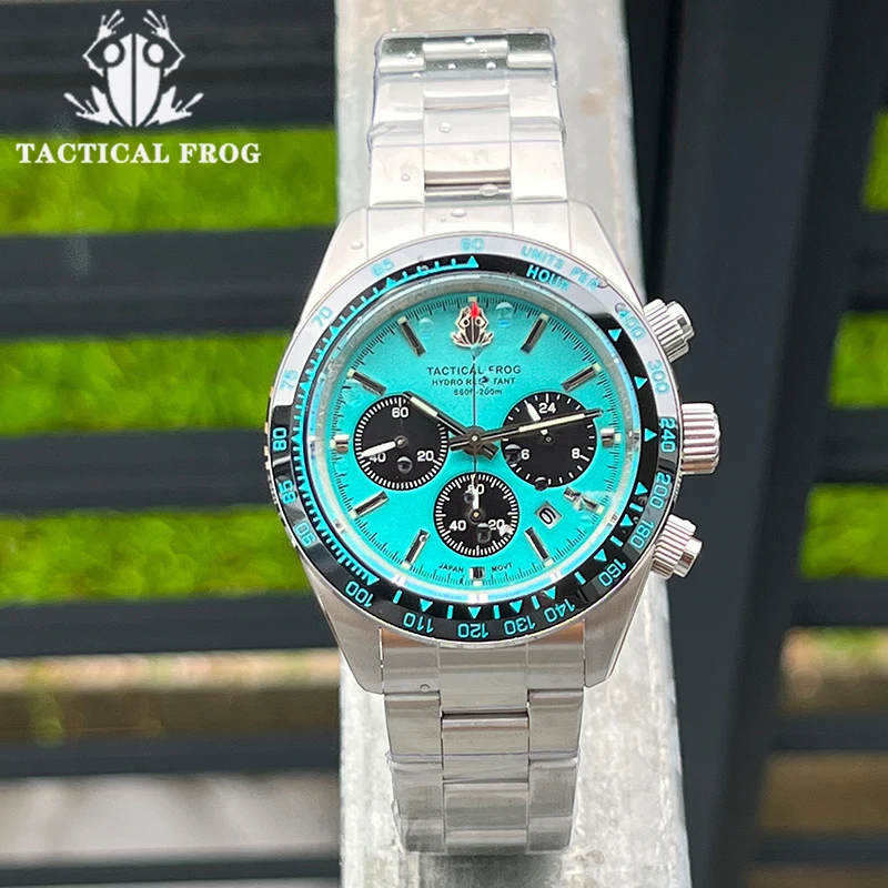 Tactical Frog VS75A Solar Quartz Watch For Men 41mm Panda Chronograph Sapphire 200 Meters Water Resistant C3 Luminous Stainless