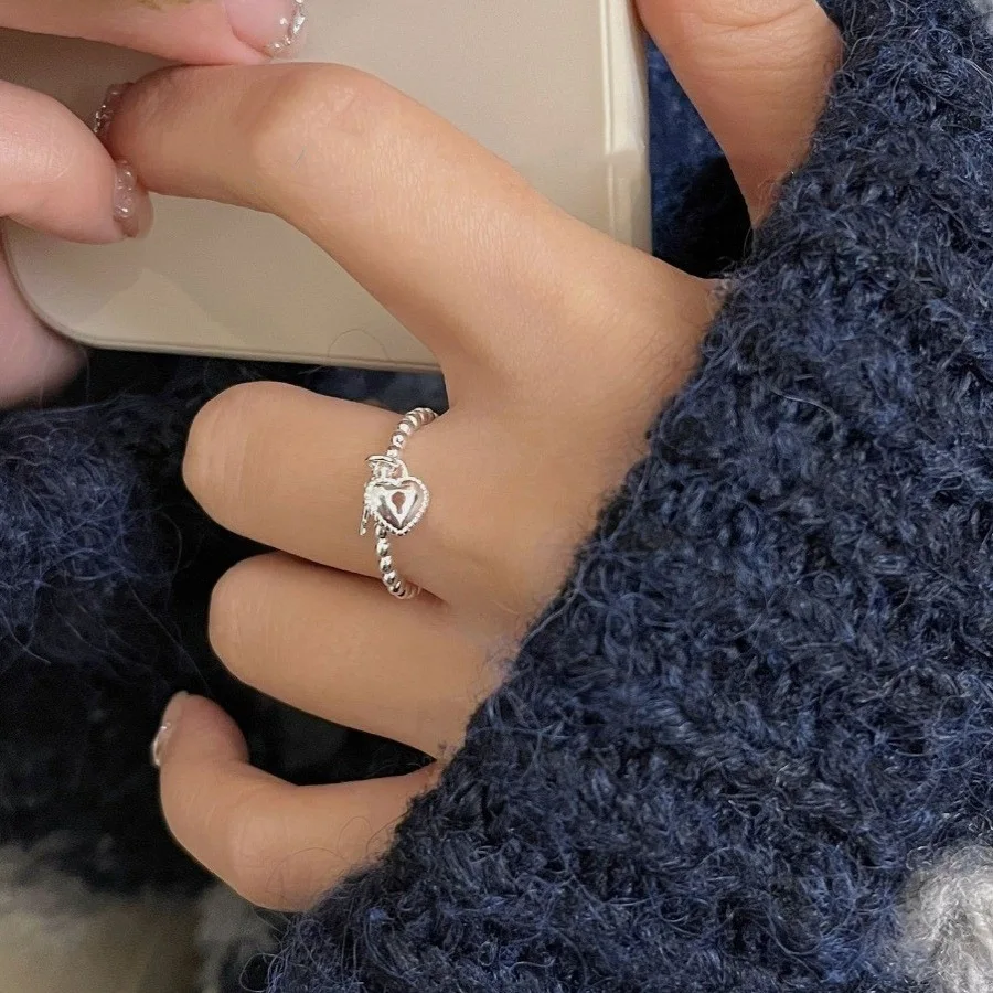 925 Sterling Silver Open Finger Ring Heart Lock Key Geometric Punk Stackable For Women Girl Jewelry Gift Dropship Wholesale