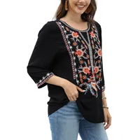 Boho Ethnic Floral Embroidered Blouse Tunic Women Rayon Vintage Black 3/4 Sleeve Loose Bohemian Mexico Casual Ladies Pullover - Image 3