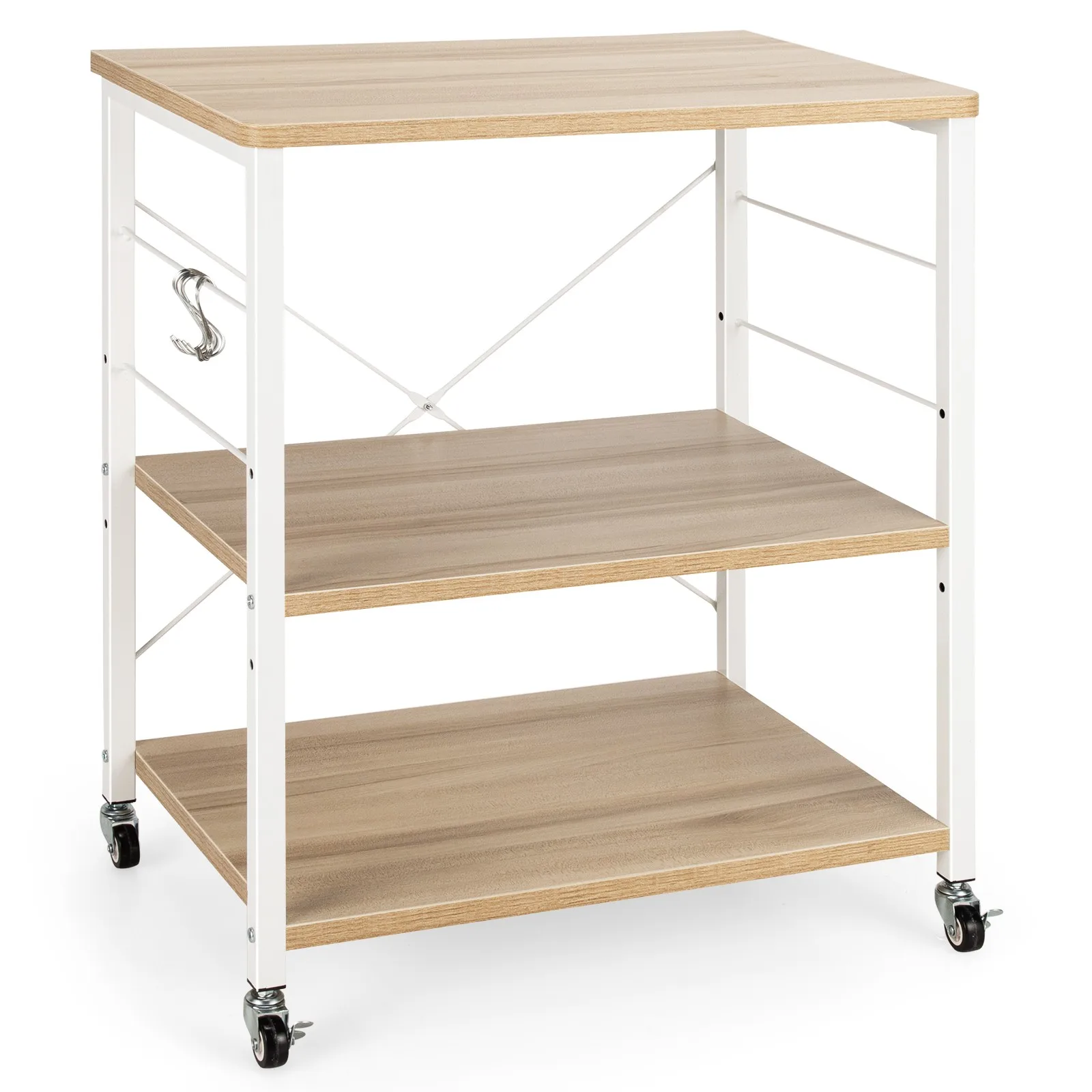 

3-tier Baker's utility service cart with 10 detachable hooks and lockable casters
