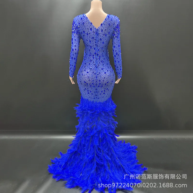 Высококачественное королевское синее платье с каплями воды и бриллиантовыми перьями, вечернее платье для ведущего банкета, модель подиума, костюм Abito, роскошный элегантный гала