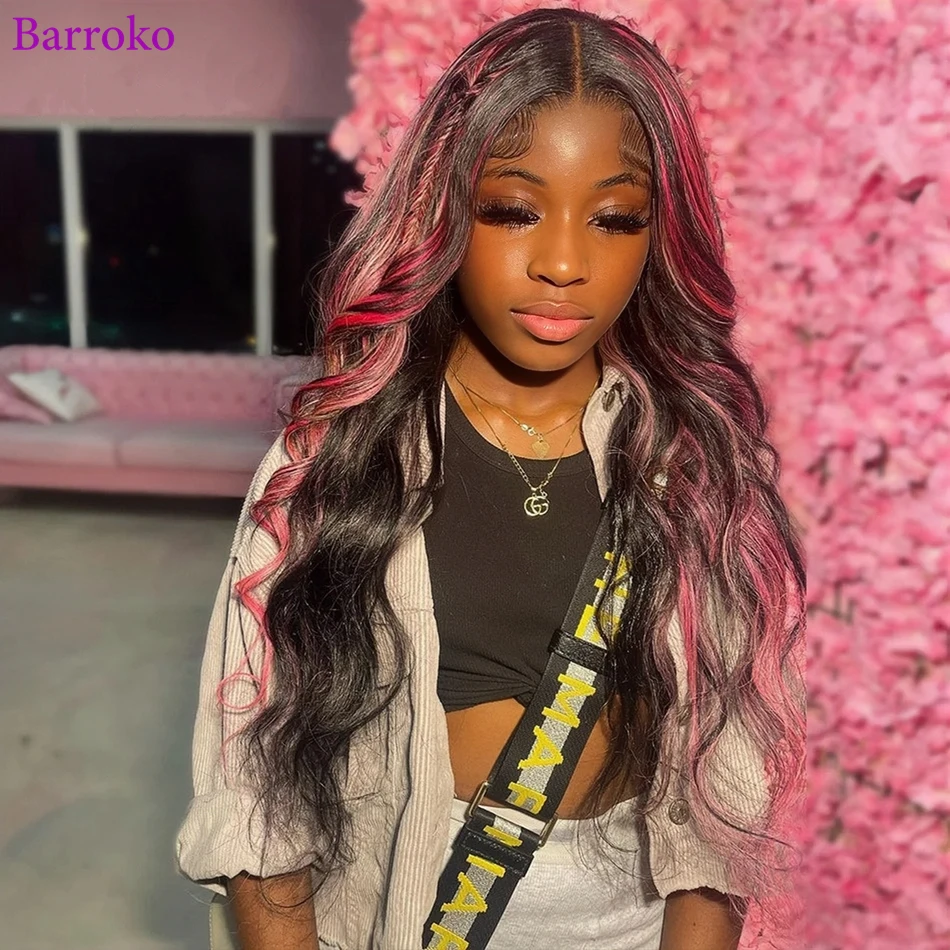 Barroko Highlight 1B Pink With Red Colored 180% Body Wave Wig 13x6 Transparent Lace Frontal Wigs Human Hair For Women Brazilian