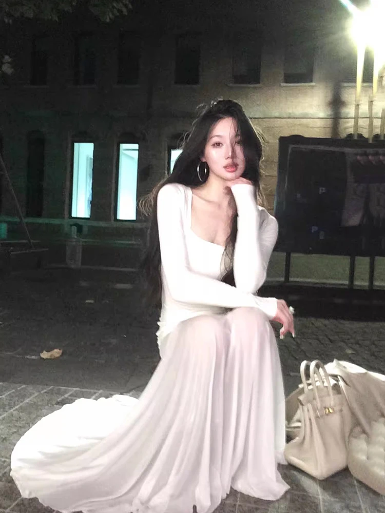 REDDACHiC vestido de sirena de malla de punto nuevo en mangas largas cuello cuadrado fruncido ceñido al cuerpo Maxi vestido largo elegante ropa de mujer de otoño