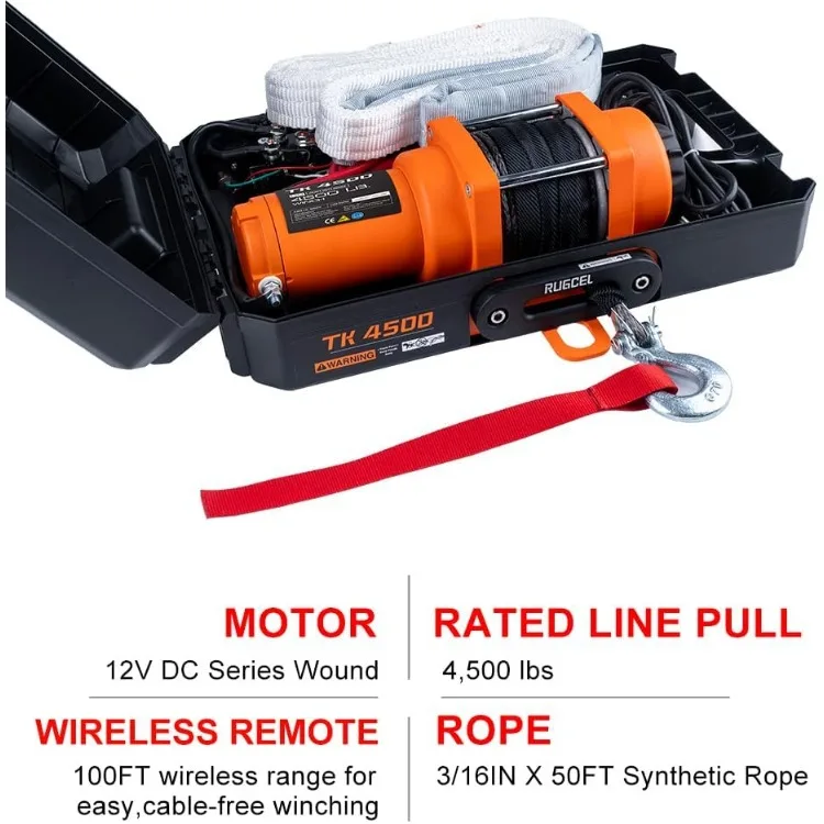 12V DC Electric Portable Utility Winch 4500lb/2041kg Single Line Pull with Steel Mounting Plate, Integrated Hawse Fairlead