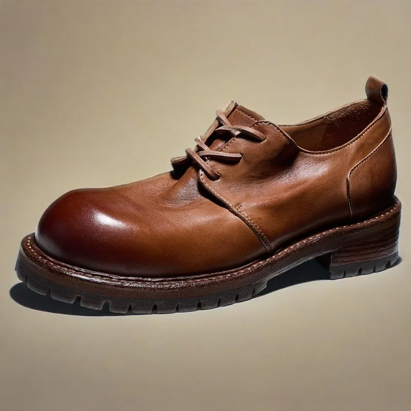 

British Style Round Toe Genuine Leather Thick Sole Casual Shoes Men's Handmade Low Top Cowhide Outdoor Hiking Leather Shoes