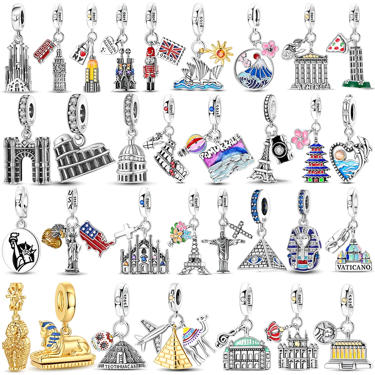 925 Sterling Silver Travel Charms Bead CZ Zircon Pharaoh Pyramid Eiffel Tower Pendants Fit Original Bracelet DIY Jewelry Gift