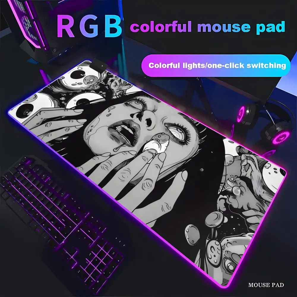 

HYBXAXC Anime Horror Mouse Pad - Junji Ito Style Animation Games RGB Pad HD Gamer Large LED Light PC Computer pad Non-slip Decor