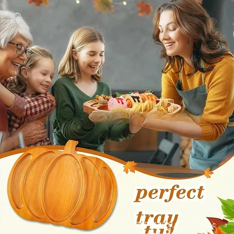 Halloween Wooden Pumpkin Tray Serving Plate Snack Dessert Dried Fruit Organizer Home Festival Party Decoration Supplies