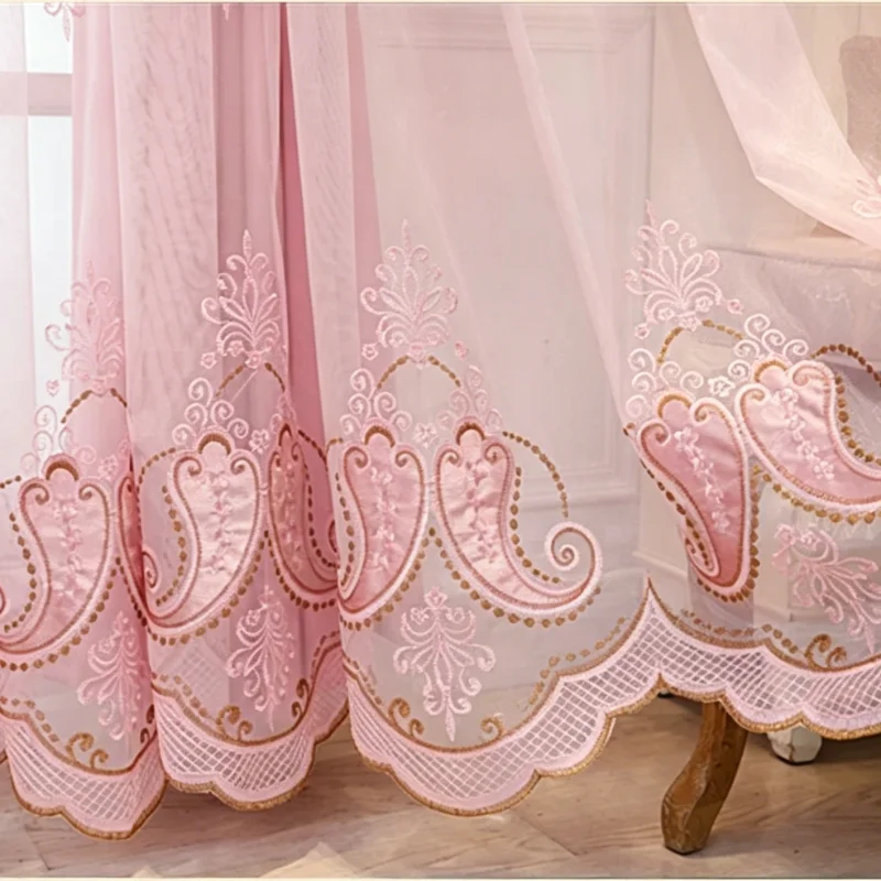 Nordic European Pink Embroidered Double Layer Curtain Thermal Insulation Window Treatments for Bedroom Living Room Princess
