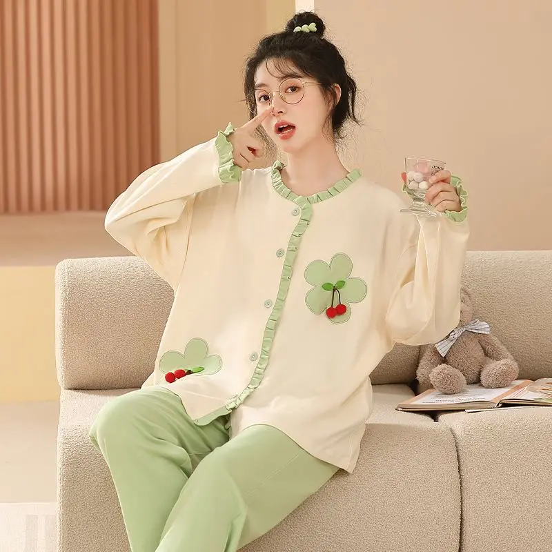 Women Pajamas 2024 Spring New Female Pure Cotton Long Sleeve Sweet Homewear Suit Loose V-neck Casual Fashion Sleepwear Sets