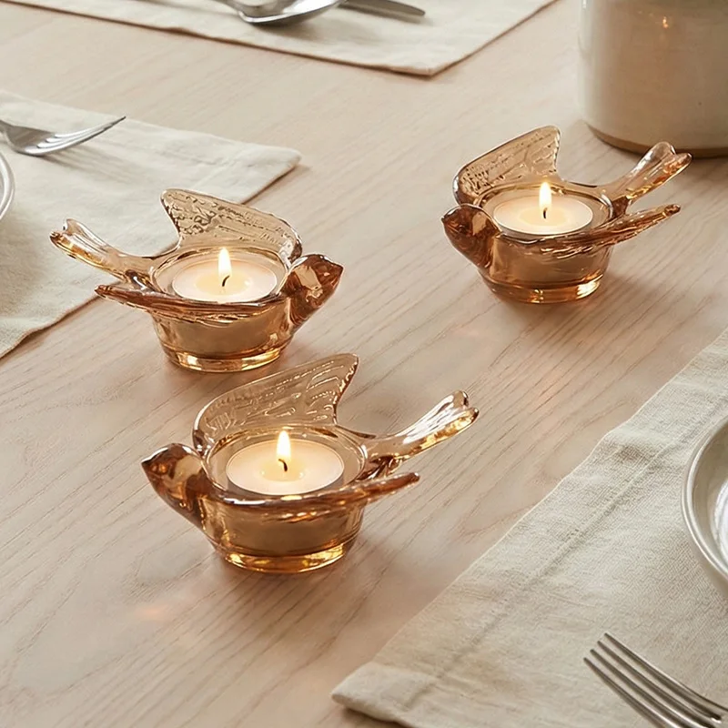 Amber Glass Bird Tealight Holders 2