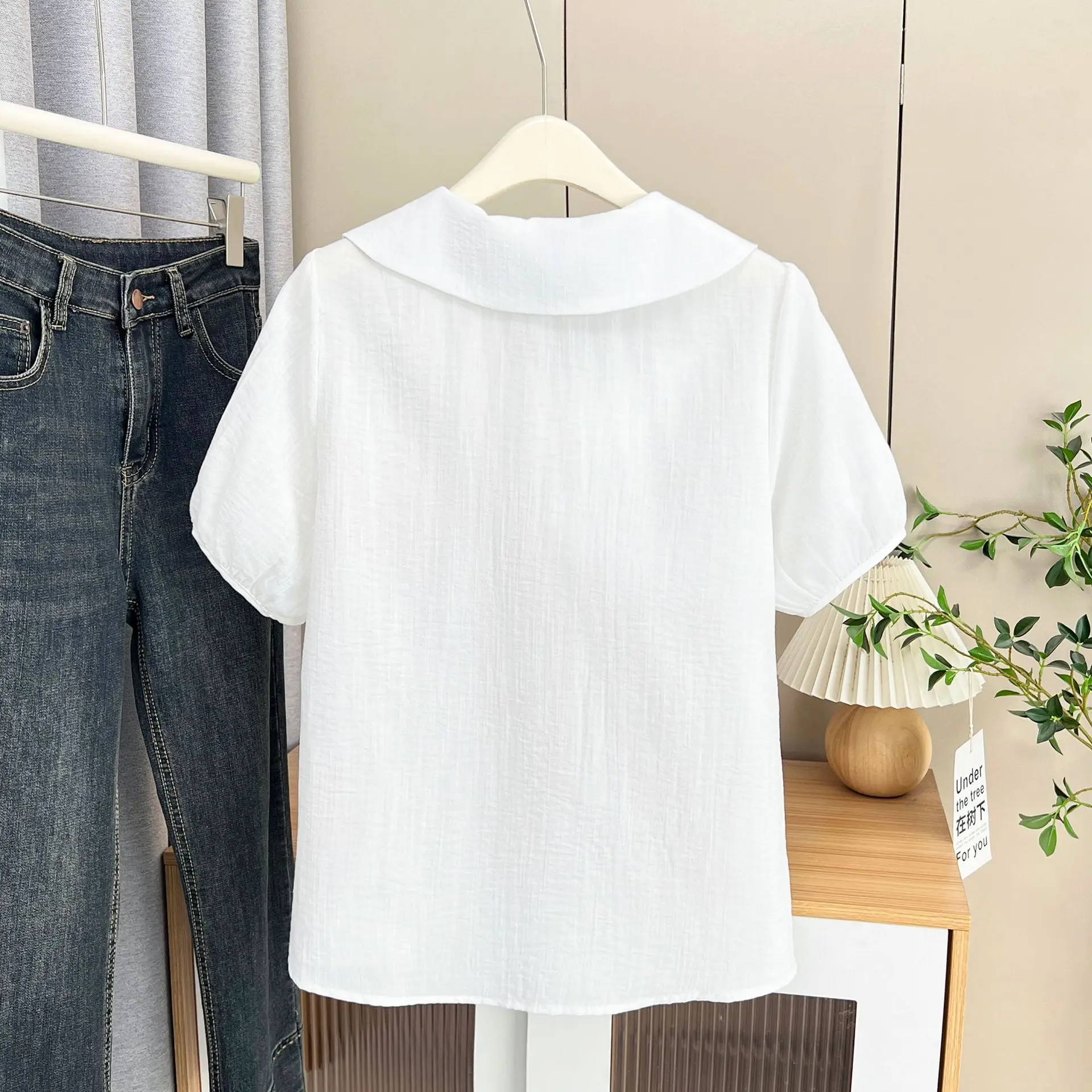 Verão novo plus size camisa feminina 100kg doce e elegante peter pan colarinho de algodão de bambu blusas de manga curta