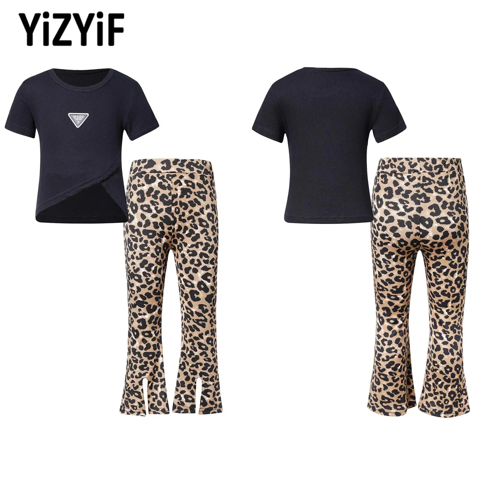 Fashion Modern Jazz Dance Costumes Set Girls Casual Sport Outfits Short Sleeve T-shirt Top High Waist Leopard Print Flared Pants