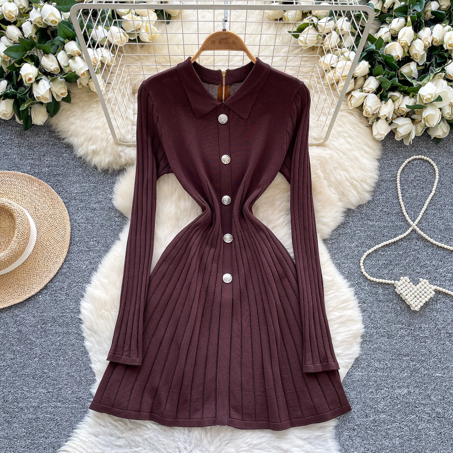 Chic vintage turn-down collar button Knit slim Elegant Fairy korean fashion Boho Sundress women clothing dress