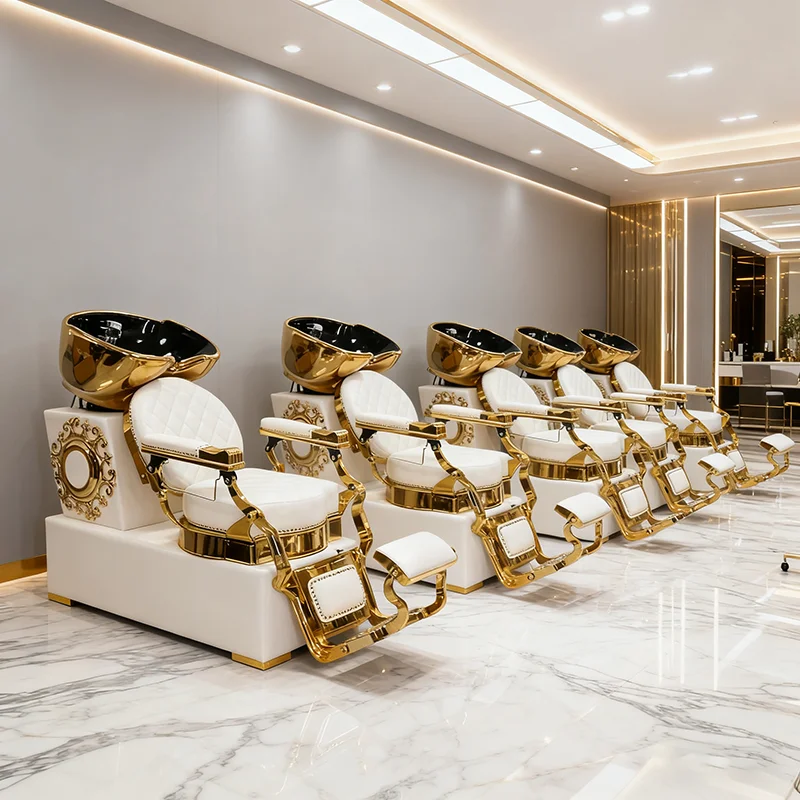 Luxury Barbershop Furniture Reclining Head Treatment Washing Chair Modern Beauty Salon Shampoo Chair with Ceramic Basin