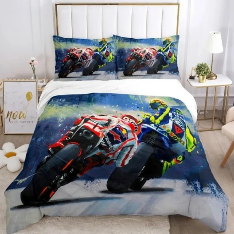 Conjunto de Cama com Estampa Digital 3D de Microfibra VR-46 para Motocicletas, com Capa de Edredom e Fronhas, Tamanhos Solteiro, Casal, Queen e King