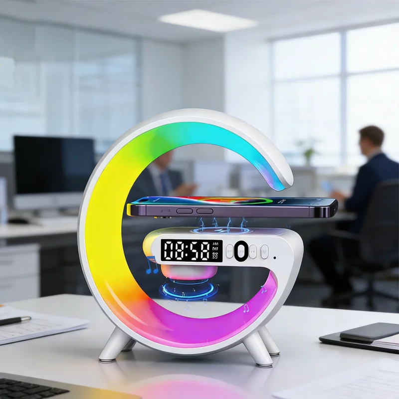 

Беспроводная зарядная станция 15 Вт с быстрой зарядкой, подставка-колонка Bluetooth, ночник с RGB-подсветкой и атмосферной подсветкой для iPhone, Samsung, Xiaomi