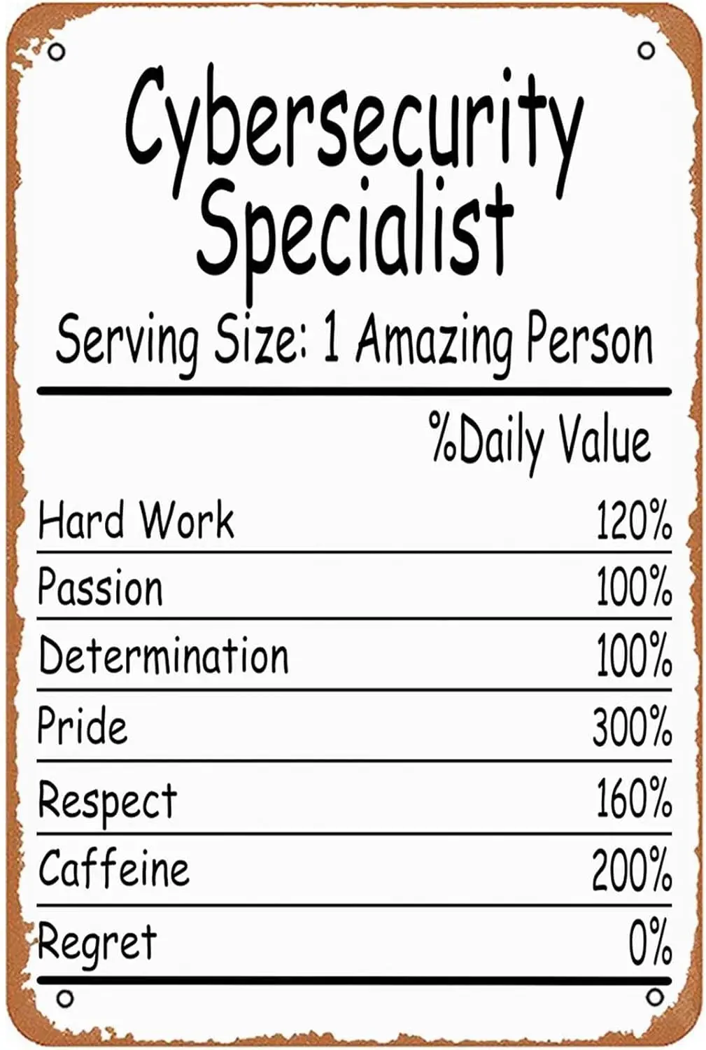 Cybersecurity Specialist Amazing Person Daily Value Sign Wall Decor Art Poster Vintage Metal Tin Sign for Funny Garage Office Ma