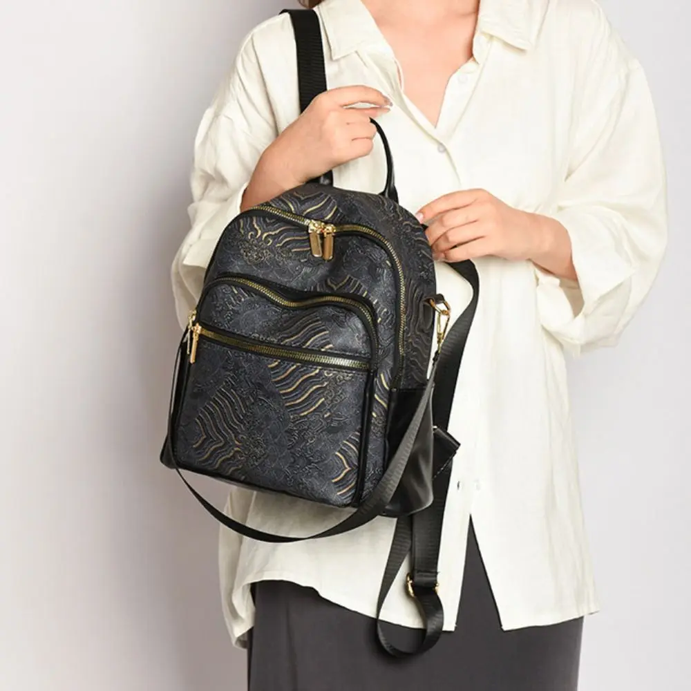 سعة كبيرة المرأة حقيبة ظهر عادية مقبض علوي بولي PU العرقية نمط حقيبة كتف التطريز المطبوعة Daypack حقيبة السفر الصغيرة #5