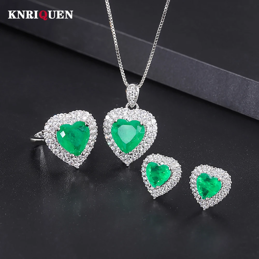 

Vintage Heart-Shaped Emerald Gemstone Necklace Pendant Rings Earrings Women's Luxury Wedding Fine Jewelry Sets Anniversary Gift