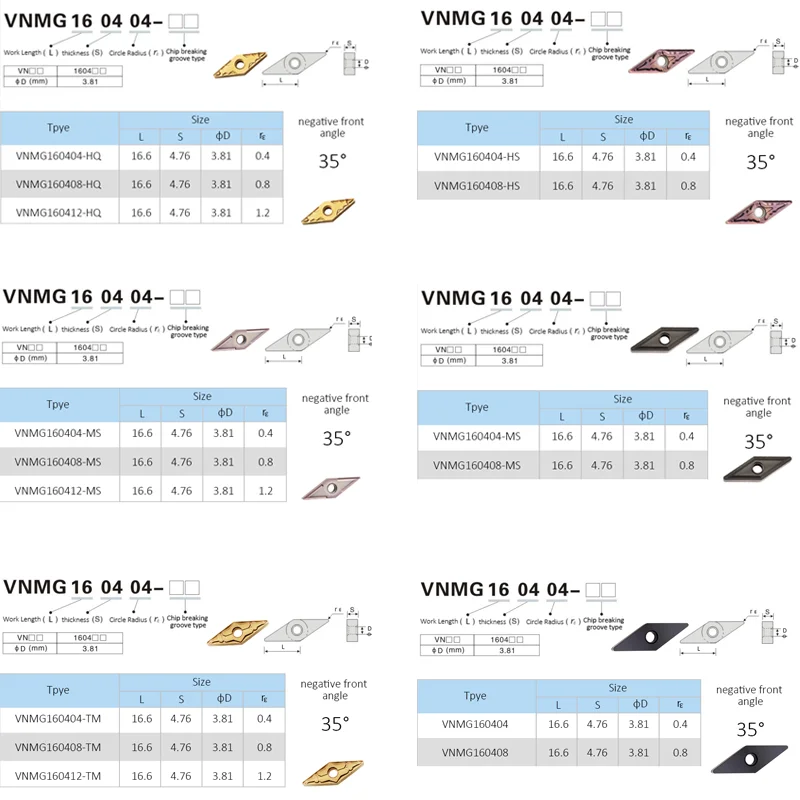 Imagem -04 - Hengxin-inserções de Carboneto de Tungstênio Ferramentas Cnc Lathe Cutter Vnmg160404 Vnmg160408 Vnmg160412 hq hs tm S230g Ferramentas de Torneamento Vnmg