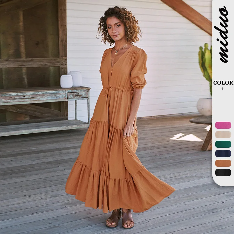 

Women's New French Style Lantern Sleeves Split Long Dress V-neck High Waist Luxury Dress Vestidos Elegantes Sexi Night Dress Hot