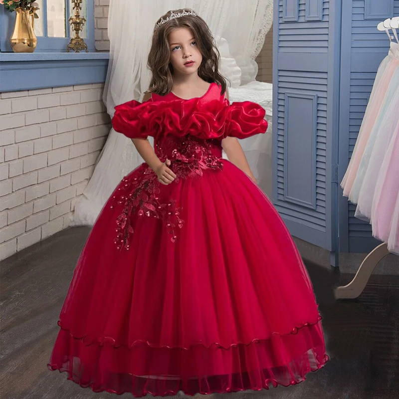 New Elegant Girl Party Dress Long Wedding Bridesmaid Dress 4-13 Year Old Mesh Embroidered Graduation Ball Evening Dress