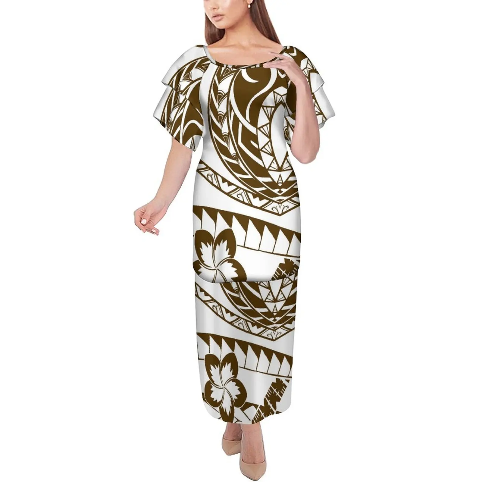 

Vintage Polynesian Ladies Dress Custom Elegant Double-Sleeved Tops With Long Skirts Stylish Two-Piece Party Party Wear