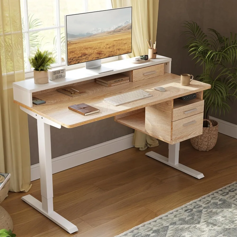 

Electric standing office desk 48 x 24 inches, with display stand, 3 drawers and open storage, home office computer workstation